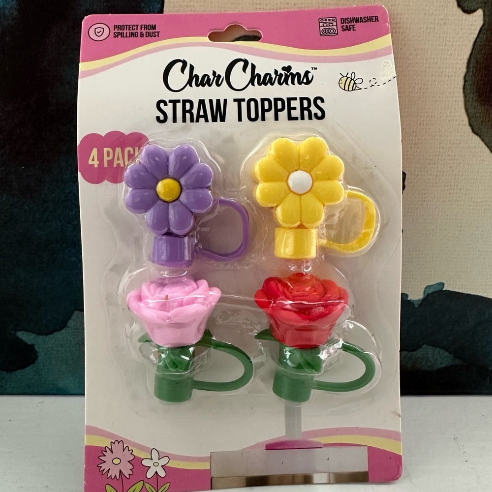 Floral Straw Toppers - Purple, Yellow, Pink, Red